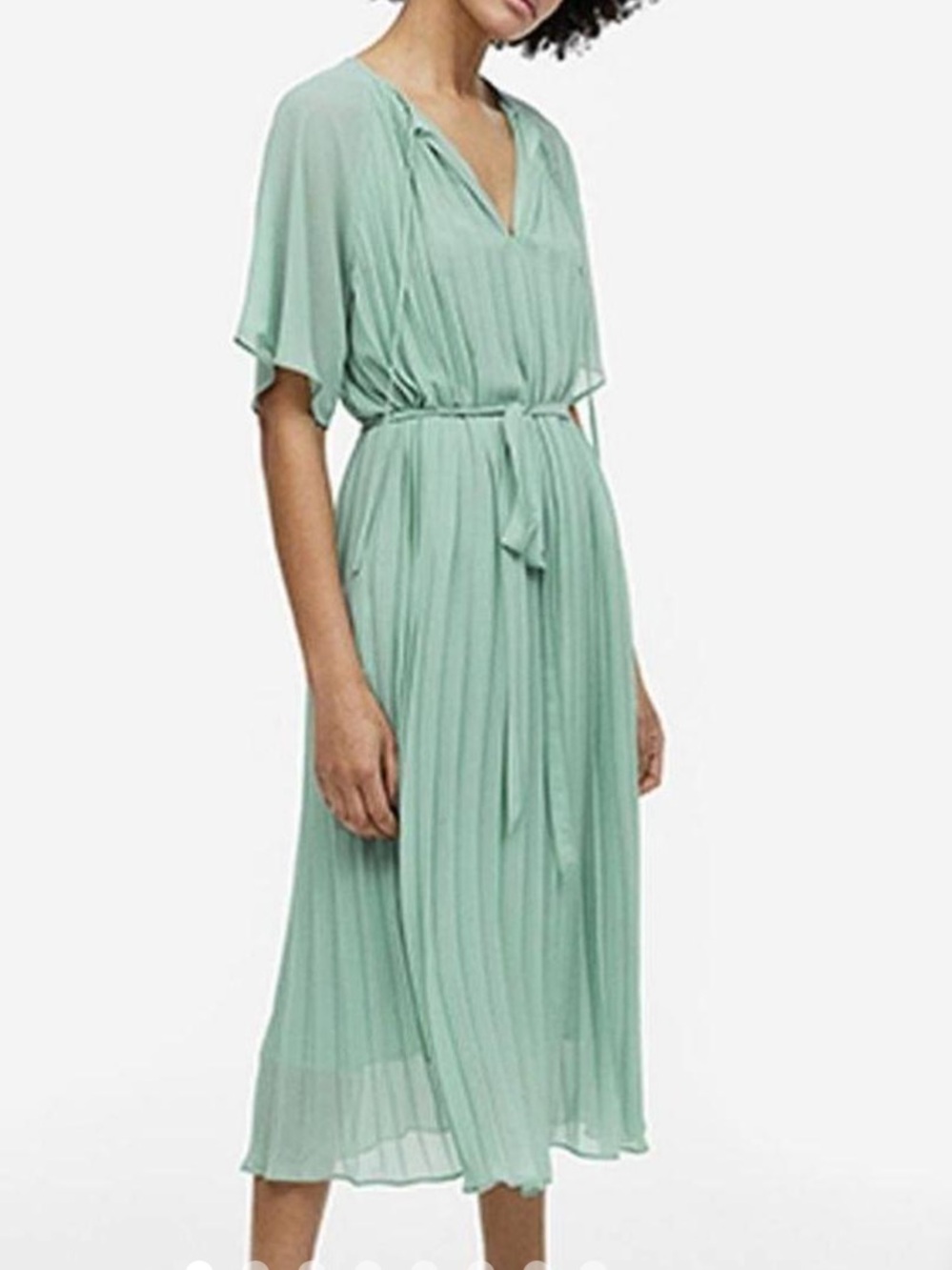 Pleated Sage Green Women's Dress with Tie Neck, no belt included